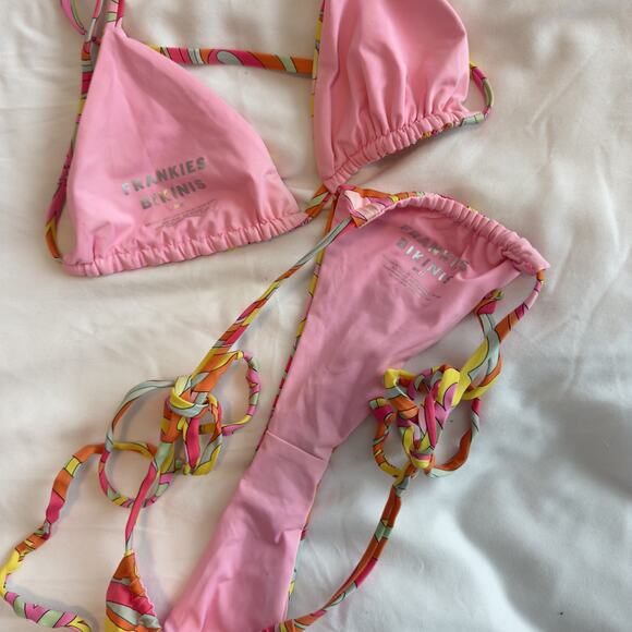 Frankies Bikinis Triangle Bikini Set Colorful Floral Top XS Bottom S Cheeky - Picture 4 of 5